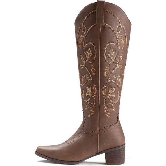 Women's Brown Pointy Toe Faux Leather Western Cowgirl Mid Calf Boots - Picture 4 of 6